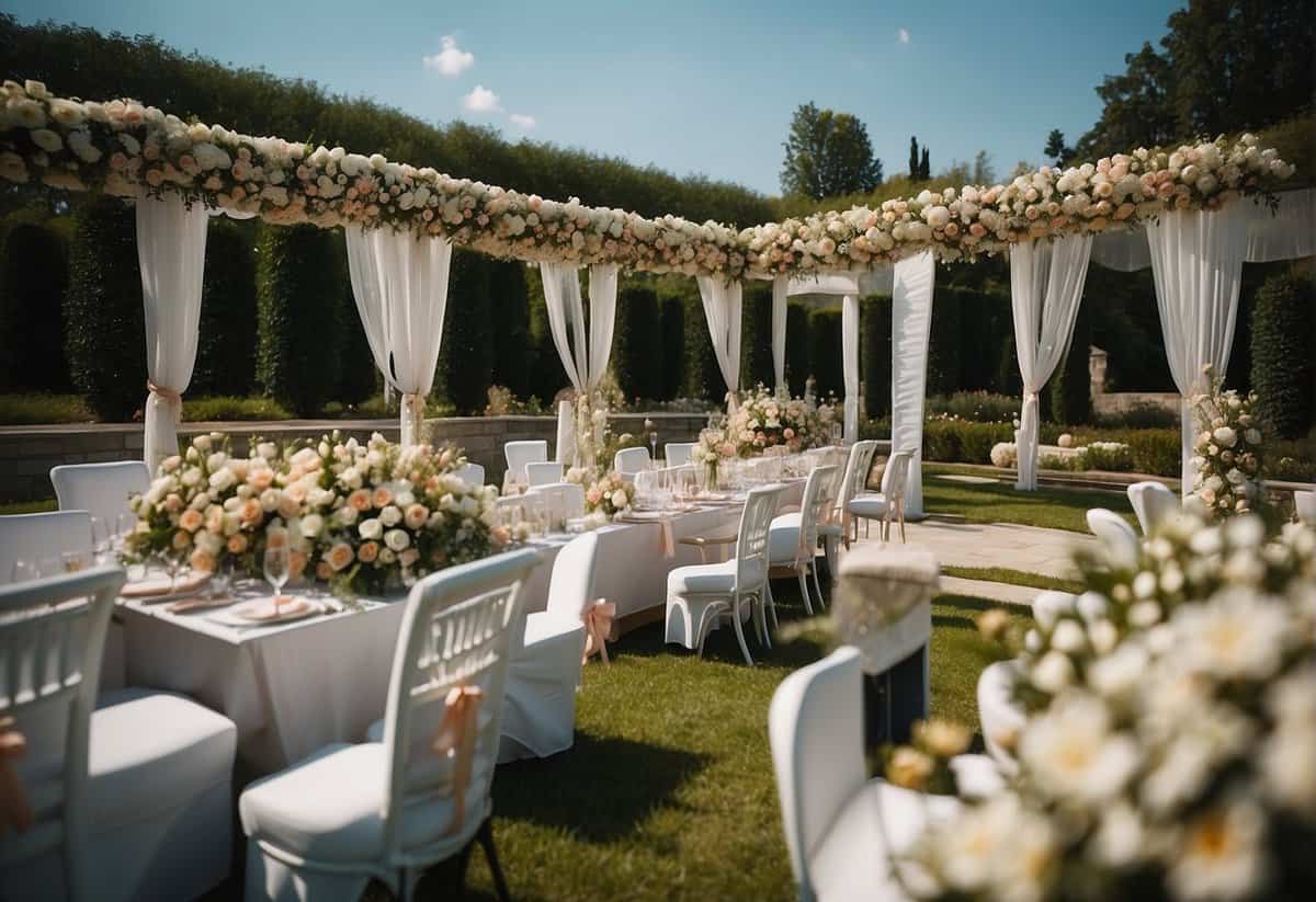 A lavish wedding venue in June, with blooming flowers and warm weather. Expensive decorations and high demand for services