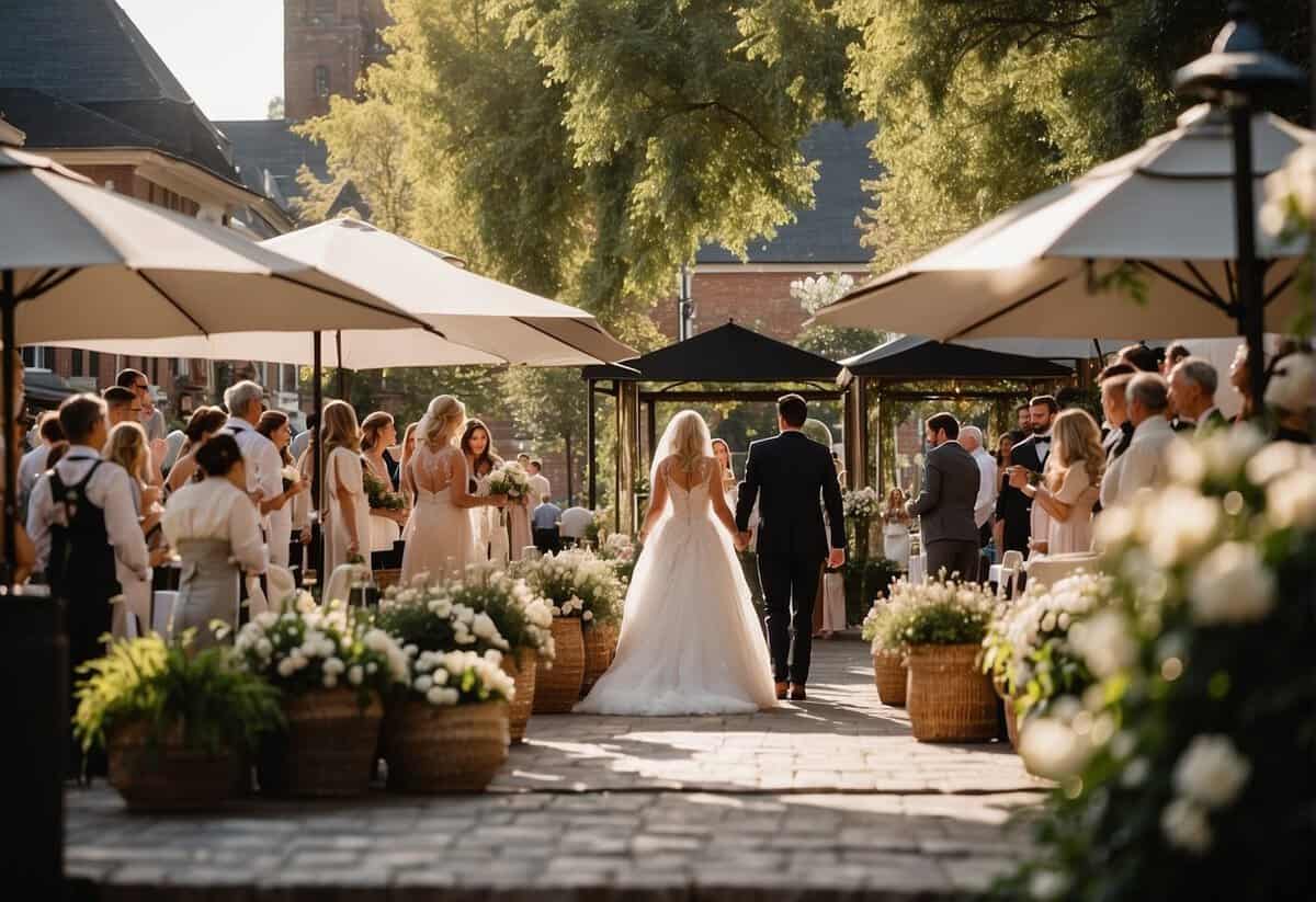 A bustling wedding venue with vendors showcasing their services. The peak season, typically summer, is the most expensive time of year for weddings