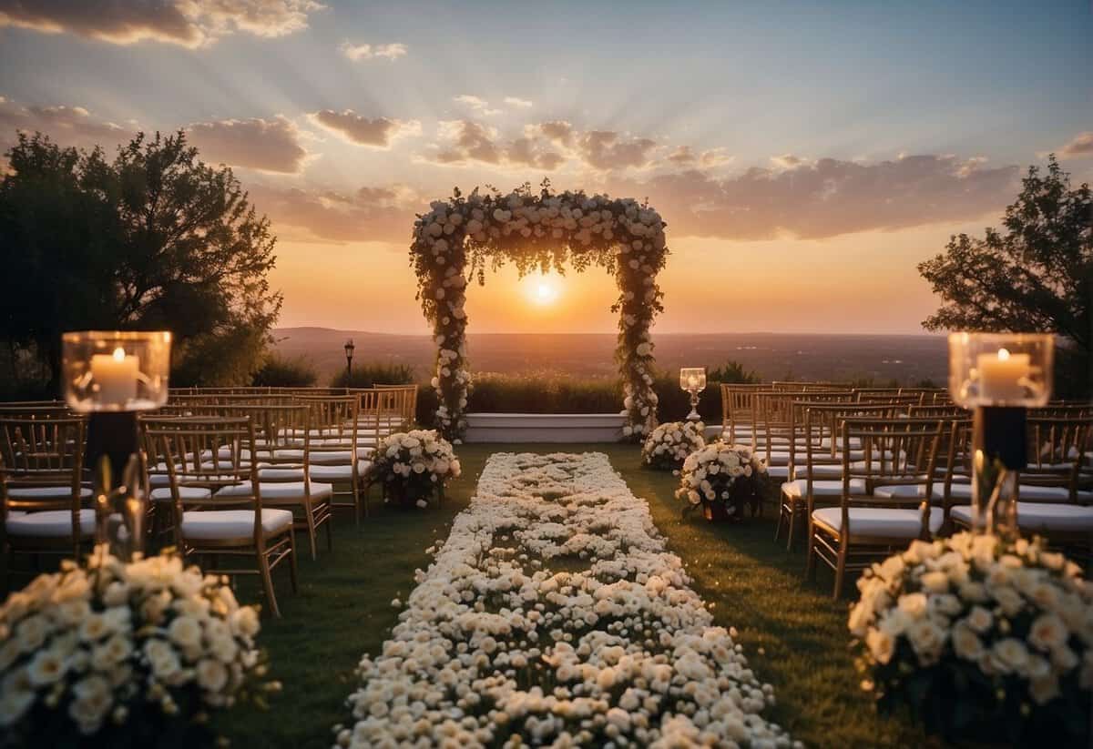 A grand wedding venue adorned with lavish decorations and surrounded by blooming flowers, set against a backdrop of a picturesque sunset