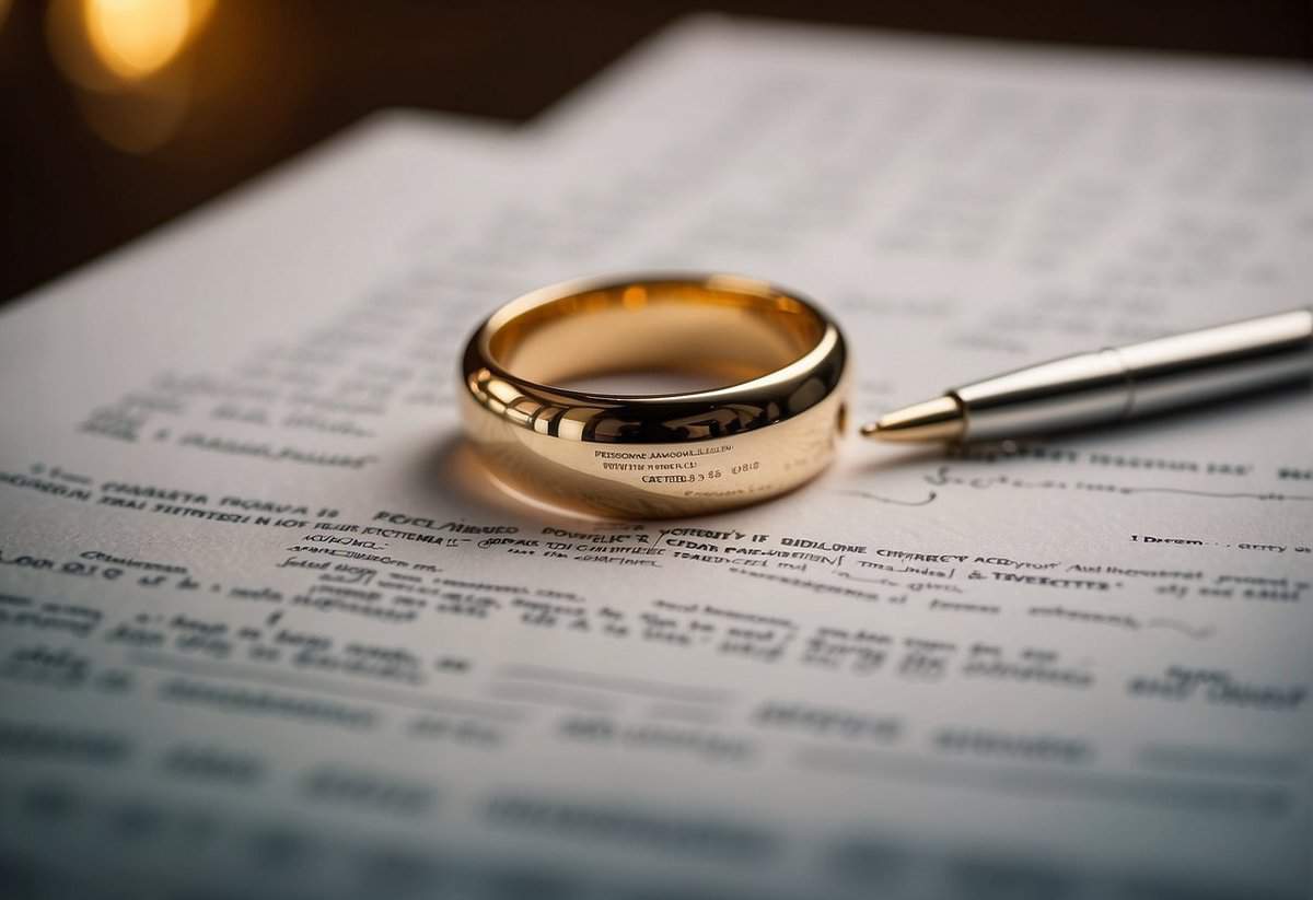 A wedding ring placed on a table, surrounded by legal documents and a pen, symbolizing the process of getting married without divorce papers in the UK