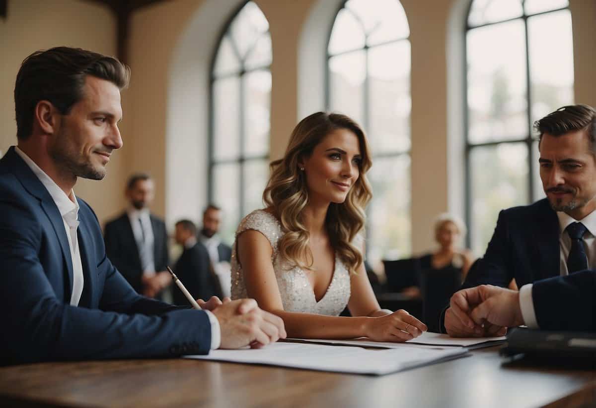 A couple sits with a lawyer, signing divorce papers. In the background, a wedding ceremony takes place, symbolizing re-marriage