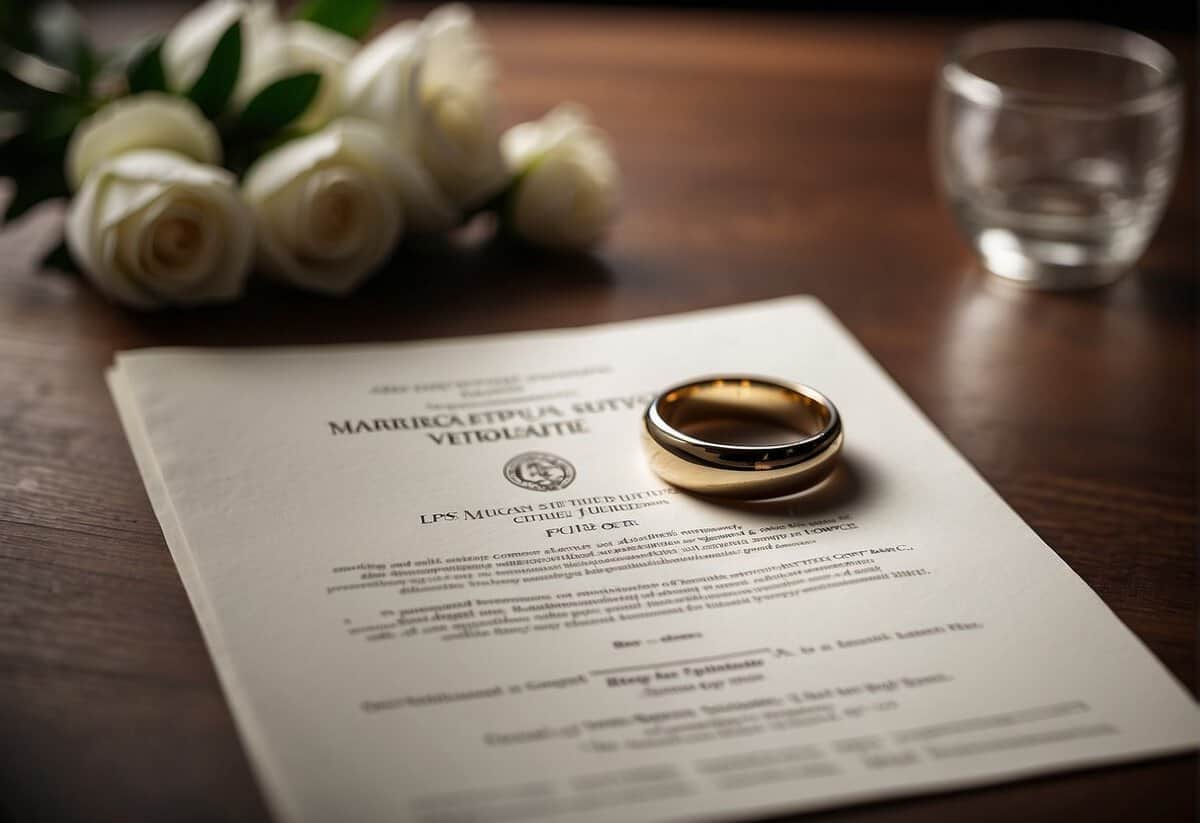 A wedding ring and a legal document marked "Marriage without Divorce Papers" on a table
