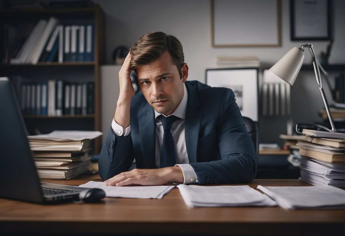 A person sitting at a desk, surrounded by legal documents and a computer, with a worried expression on their face while typing "Can I get married without divorce papers in the UK?" into a search engine