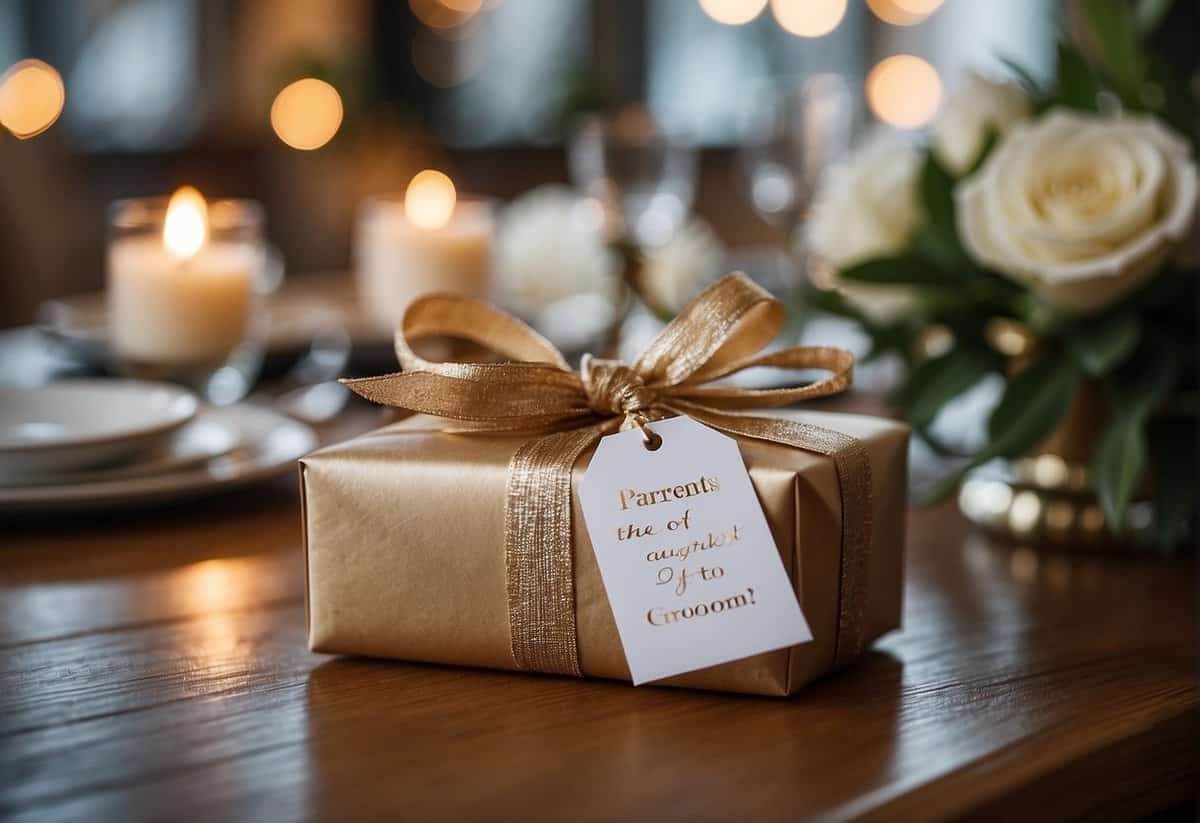 A wrapped gift box sits on a table, surrounded by wedding decor. A sign reads "Parents of the Groom FAQ: Are they supposed to give a gift?"