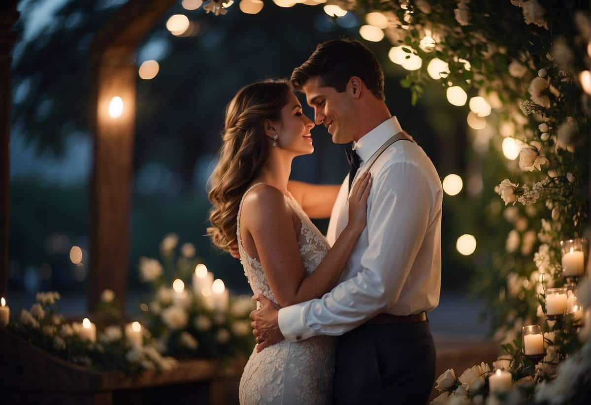Couples embrace under moonlight, surrounded by soft candlelight and delicate flowers, sharing intimate moments before their wedding day