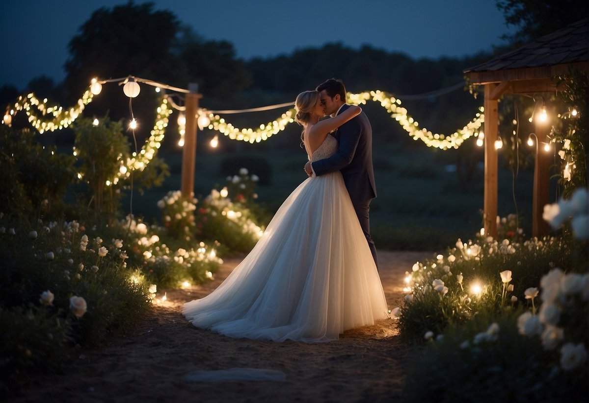 The moonlit garden, adorned with twinkling fairy lights, sets the stage for the night before the wedding. A cozy, romantic atmosphere surrounds the scene as two figures embrace under the starry sky