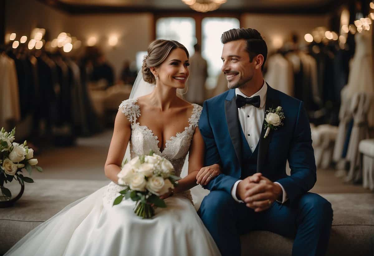 A bride and groom sit side by side, surrounded by wedding attire and accessories. They smile as they prepare for their big day