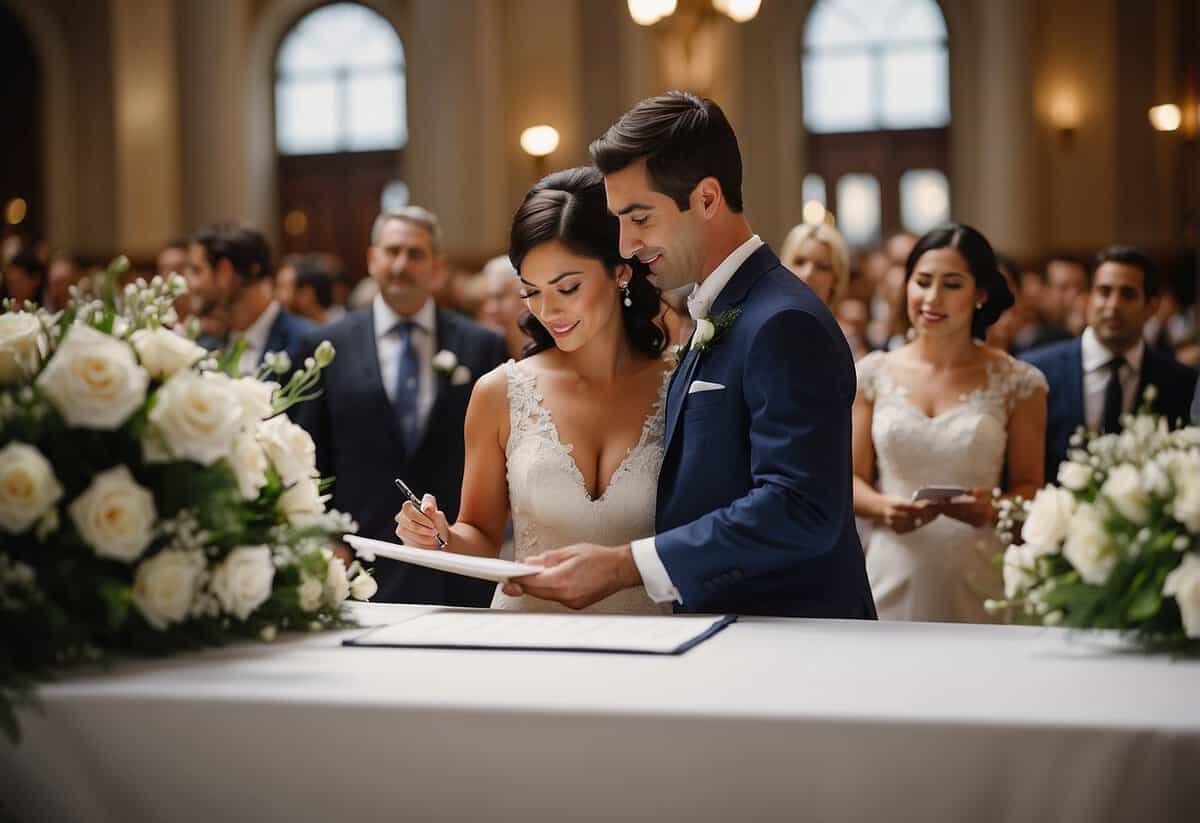 A wedding ceremony at a simple city hall venue, with a couple signing marriage papers at a small table