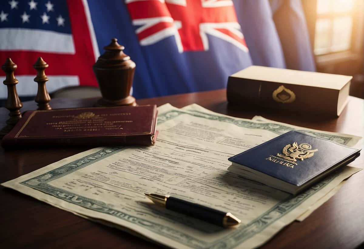 A table with official documents, passports, and a marriage certificate. Flags from different countries in the background