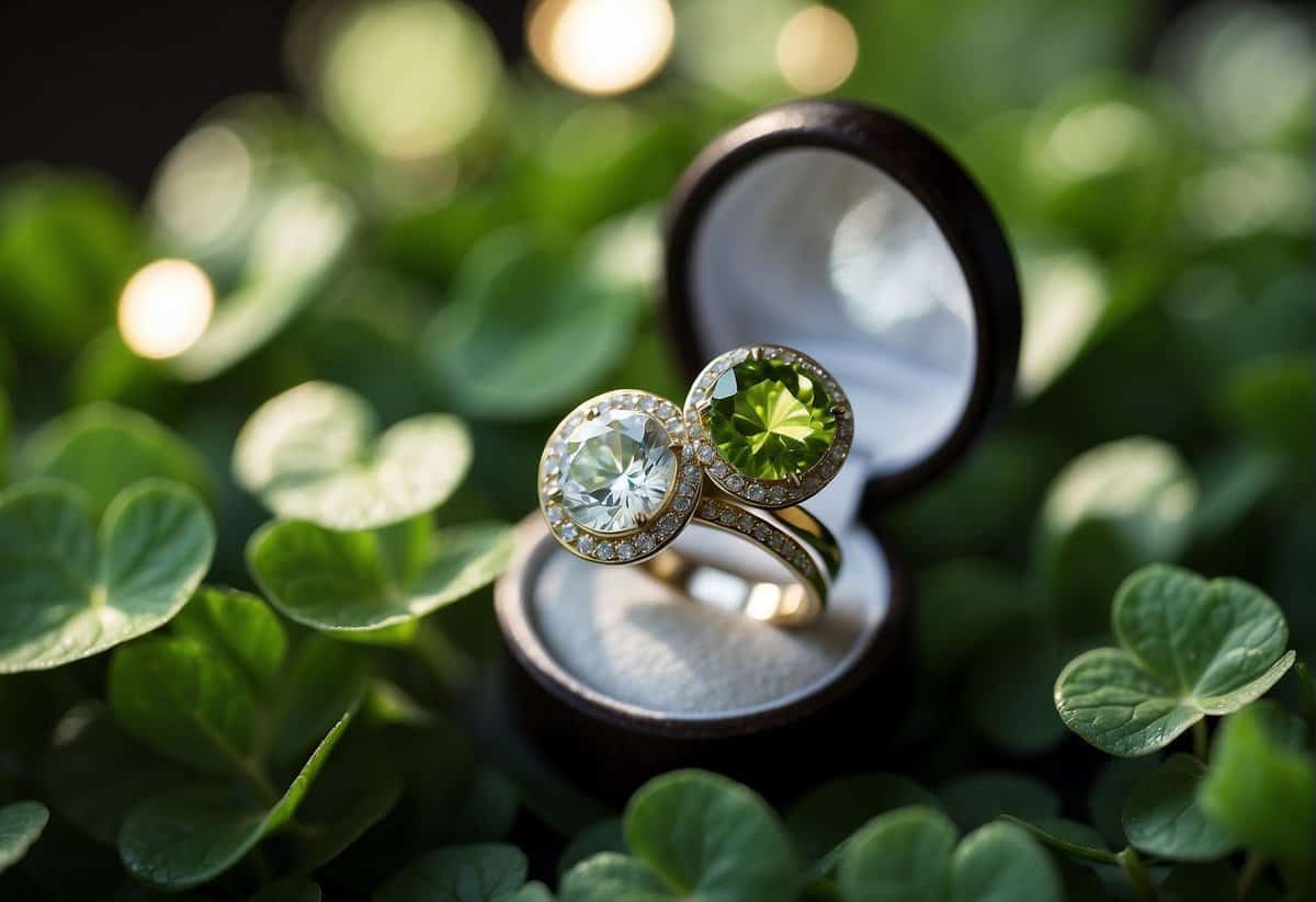 A pair of wedding rings sitting atop a four-leaf clover, surrounded by a shimmering aura of luck and love
