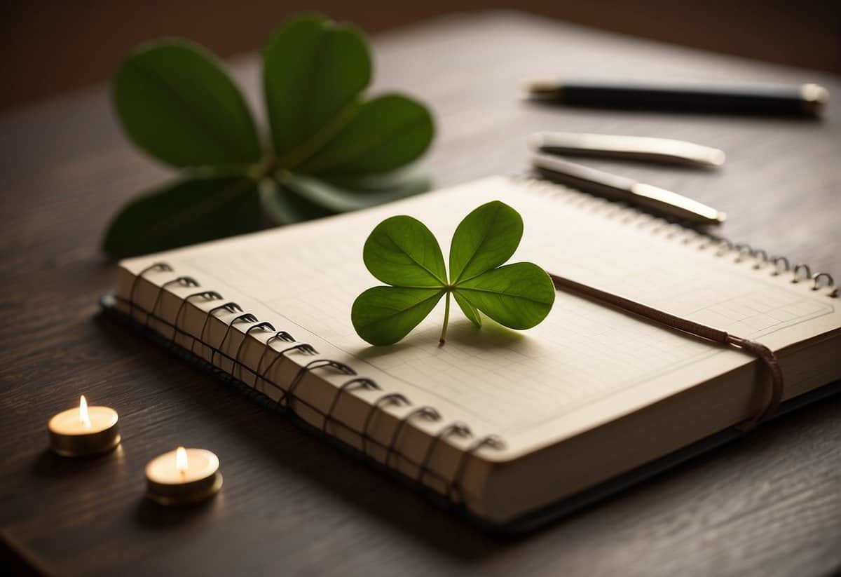 A four-leaf clover rests atop a wedding planner's notebook, surrounded by symbols of love and marriage