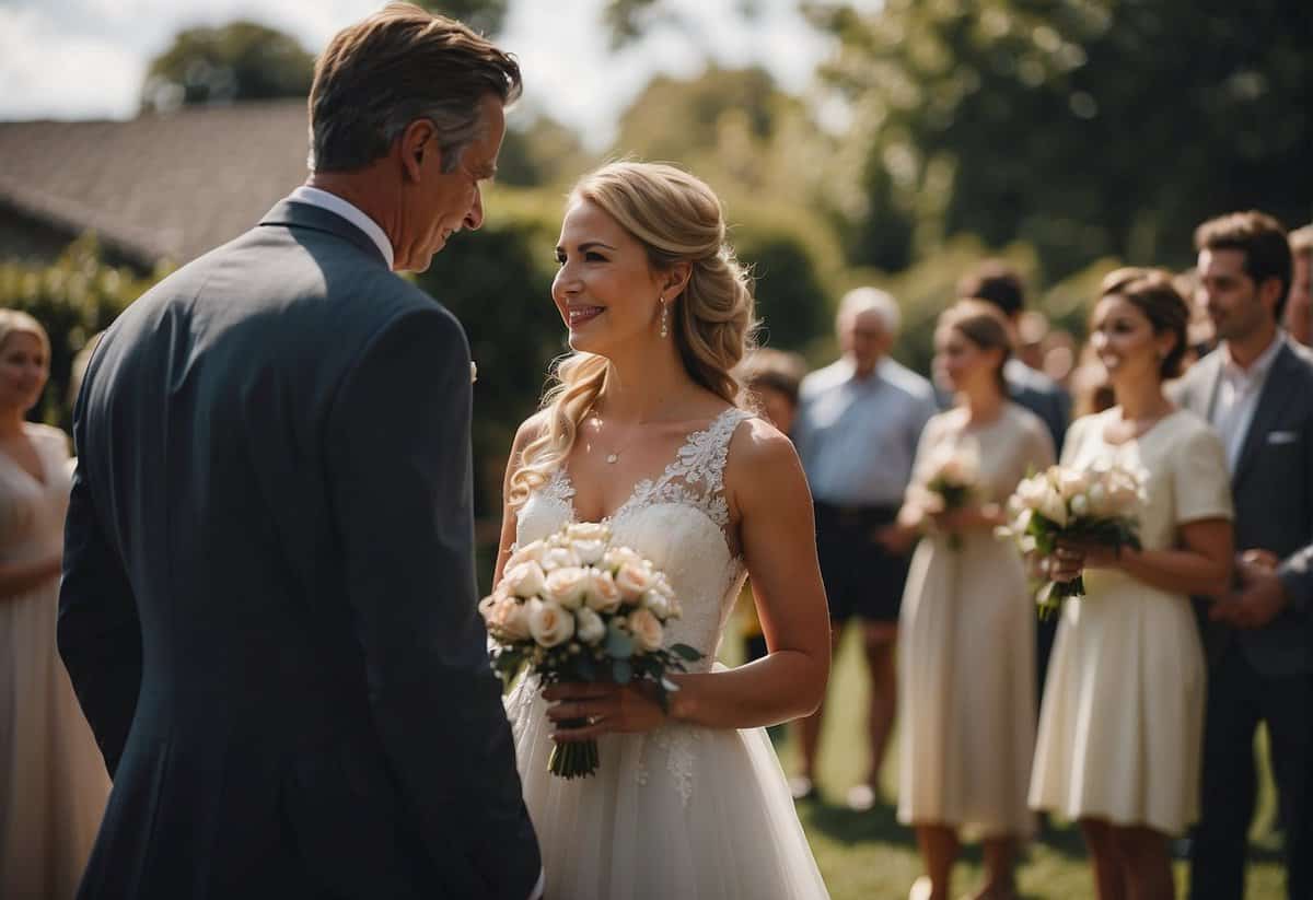 A father stands beside a beaming bride, symbolically passing her to her partner. The bride and groom exchange vows, surrounded by family and friends