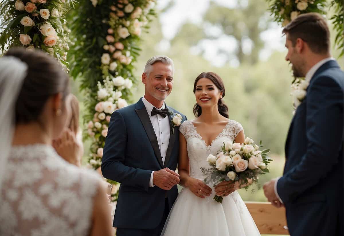 A father stands proudly beside his daughter, smiling as he presents her to her groom at the wedding altar