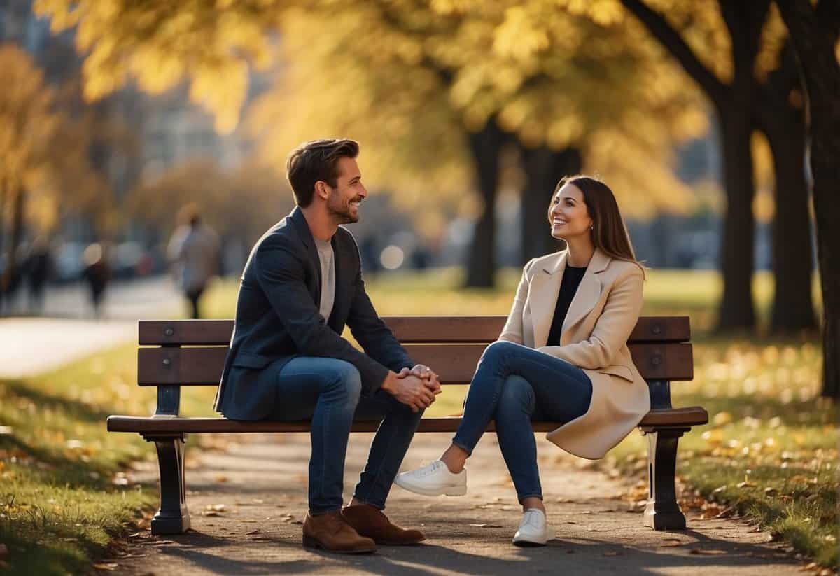 A couple sitting on a park bench, smiling and looking at each other, with a ring box on the ground between them