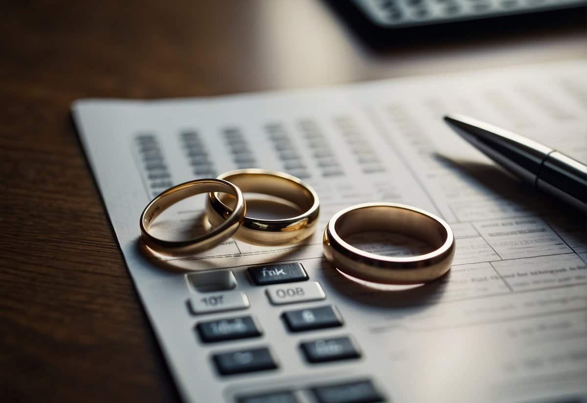 A couple's wedding rings lay on a table next to a credit report and a calculator