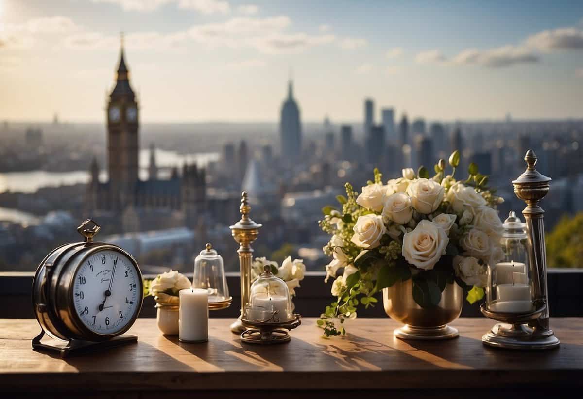 A side-by-side comparison of elopement and traditional wedding elements, with price tags and a scale, set against a backdrop of a UK city skyline