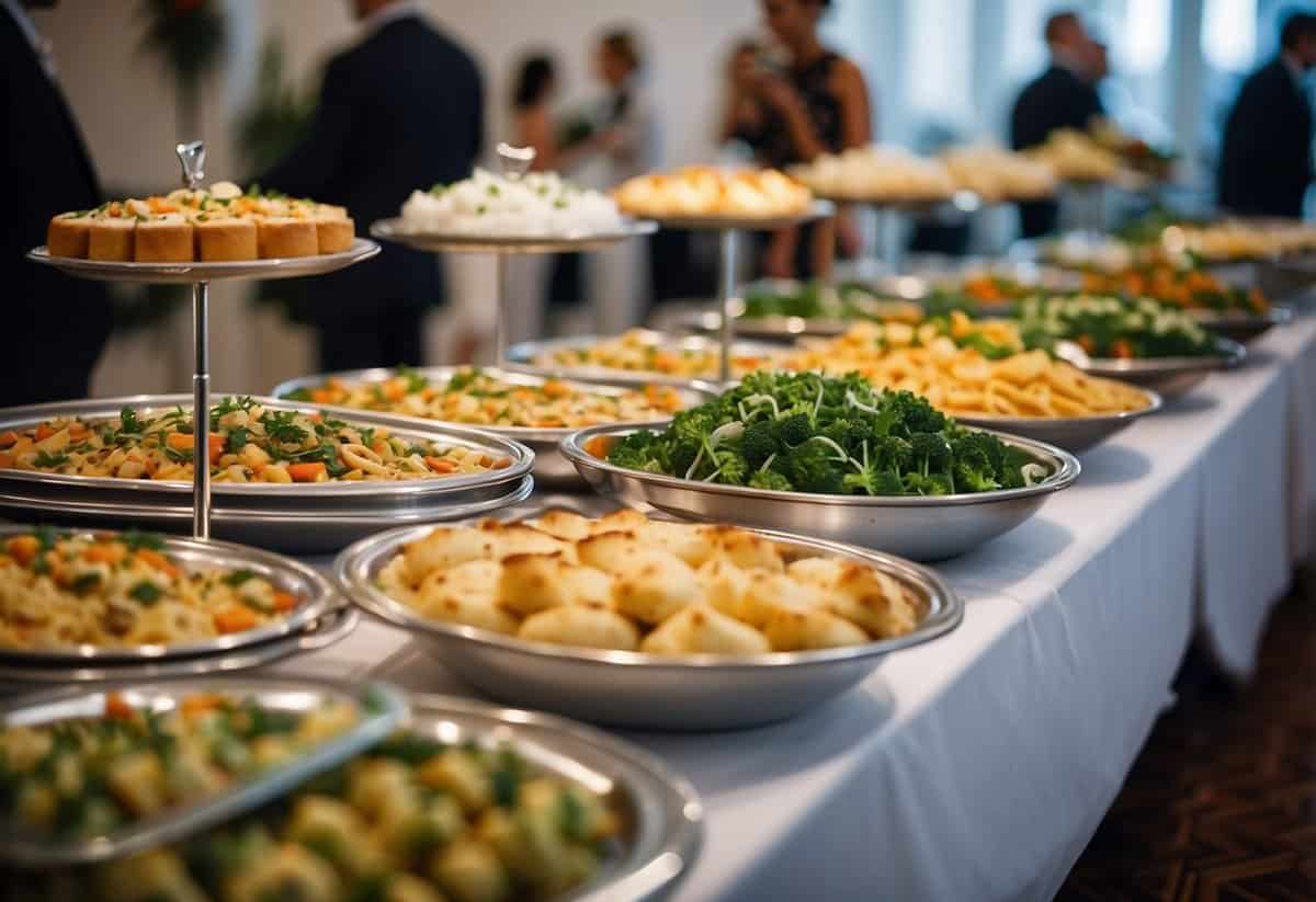 A festive wedding banquet with diverse, affordable catering options in the UK. Buffet tables display a variety of delicious dishes, while staff serve guests with smiles