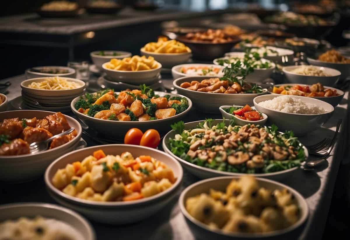 A buffet table with a variety of dishes, from traditional British fare to international cuisines, all presented in an elegant and inviting manner