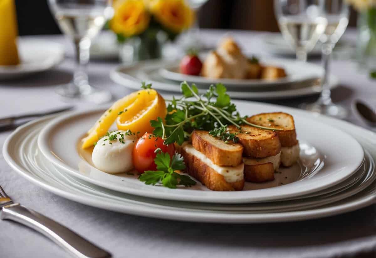 A table set with elegant yet affordable dishes, featuring a mix of traditional British and international cuisine. Decorative plating and colorful garnishes add a touch of style to the budget-friendly catering options for a UK wedding
