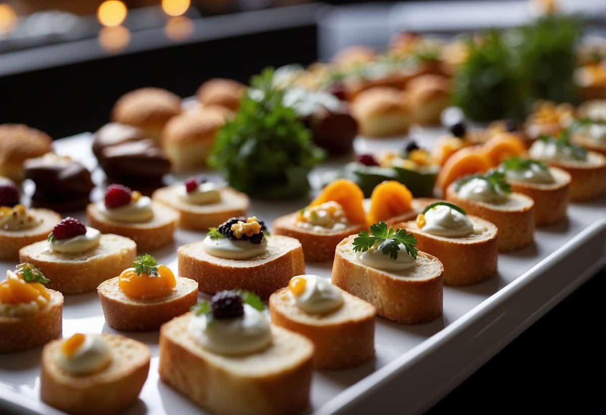 A table adorned with a variety of budget-friendly catering options, including finger foods, mini sandwiches, and small desserts, all beautifully presented on elegant serving platters