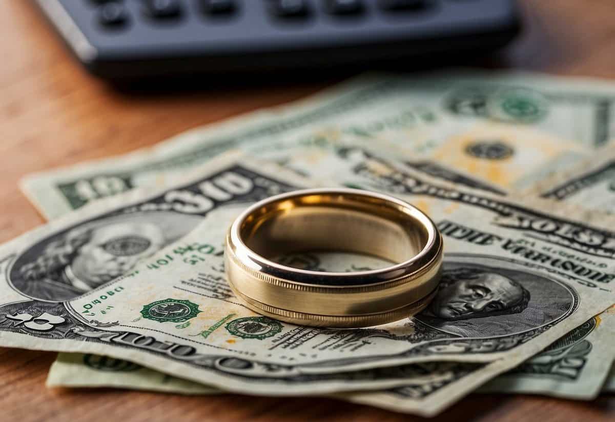 A wedding ring and a stack of bills totaling $12,000, representing the cost of getting married in the US, with a calculator and financial documents nearby
