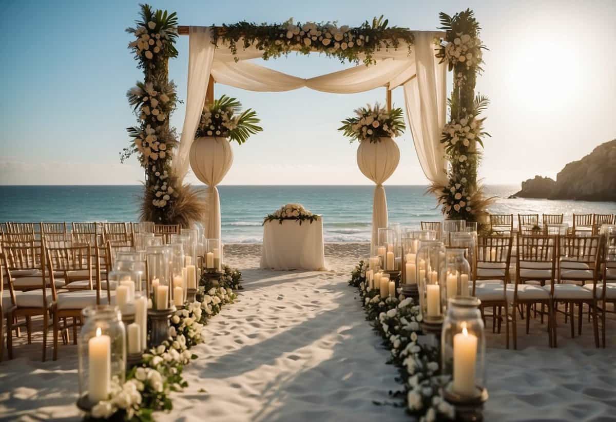A beautiful beach setting with elegant decor and a romantic atmosphere, showcasing a luxurious wedding ceremony