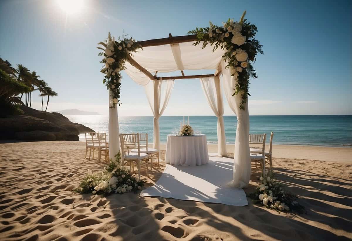 A serene beach setting with a simple wedding setup, including a canopy, chairs, and minimal decor. The scene exudes a relaxed and intimate atmosphere, with the ocean as a beautiful backdrop