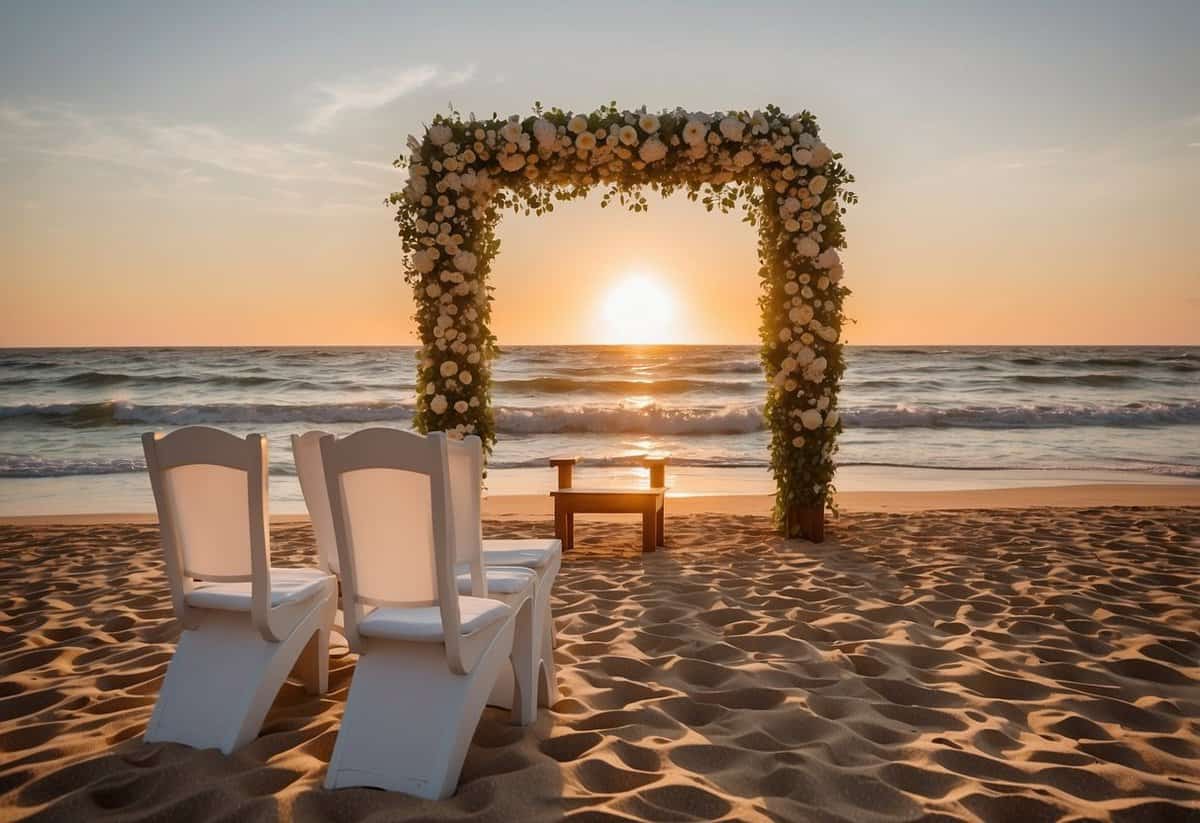 A picturesque beach at sunset with a decorated altar, white chairs, and a floral arch. The ocean waves gently crash in the background as the sun sets over the horizon