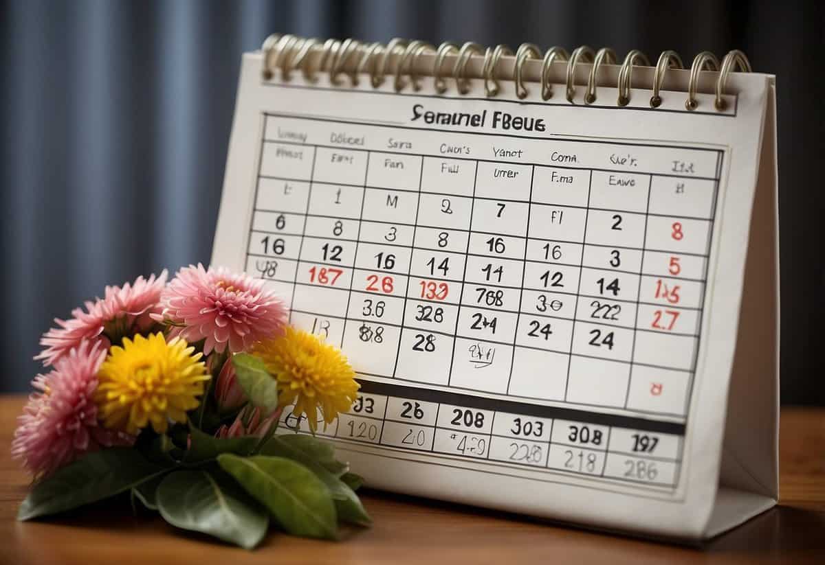 A calendar with wedding cost fluctuations by season in the US. Graphs show price changes for venues, flowers, and other expenses