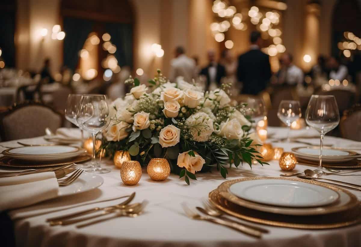 A lavish wedding banquet with seasonal dishes, live entertainment, and elegant decor, showcasing the impact of seasonality on US wedding costs