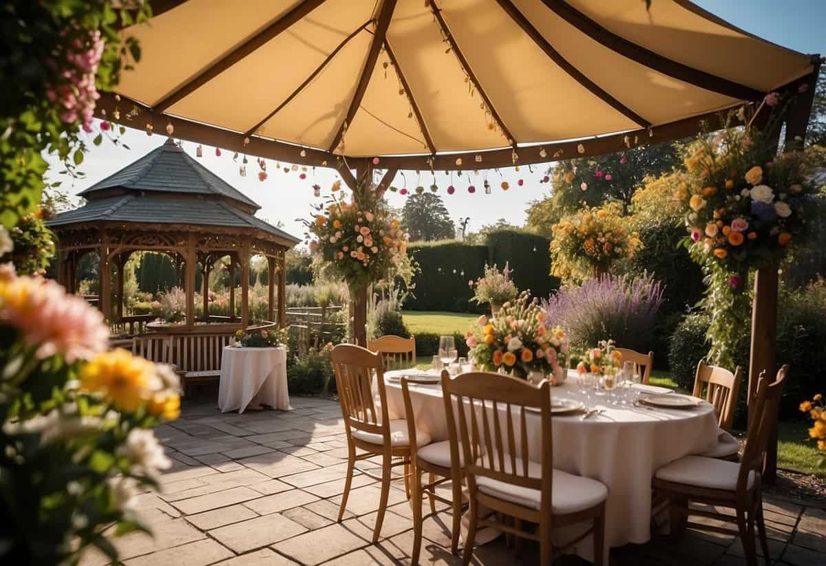 A sunny garden with colorful flowers and a gazebo, set for a budget wedding. Tables and chairs are arranged, with fairy lights and bunting