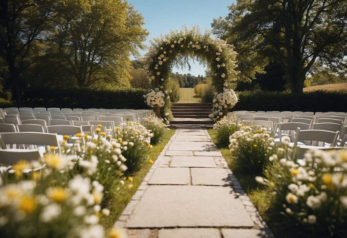 A sunny outdoor scene with blooming flowers and a clear blue sky, showcasing a budget-friendly wedding ceremony in the UK or US