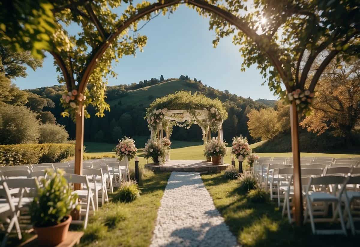A sunny outdoor wedding in a lush garden with colorful flowers and a beautiful gazebo, set against a backdrop of rolling hills and a clear blue sky