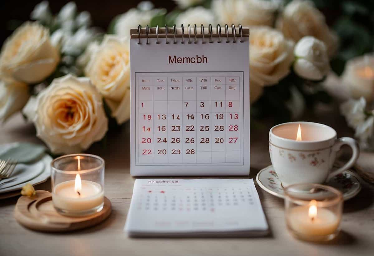 A calendar with highlighted months (March, April, September, and November) for budget weddings in the UK and US, surrounded by decorative wedding elements like flowers, rings, and a cake