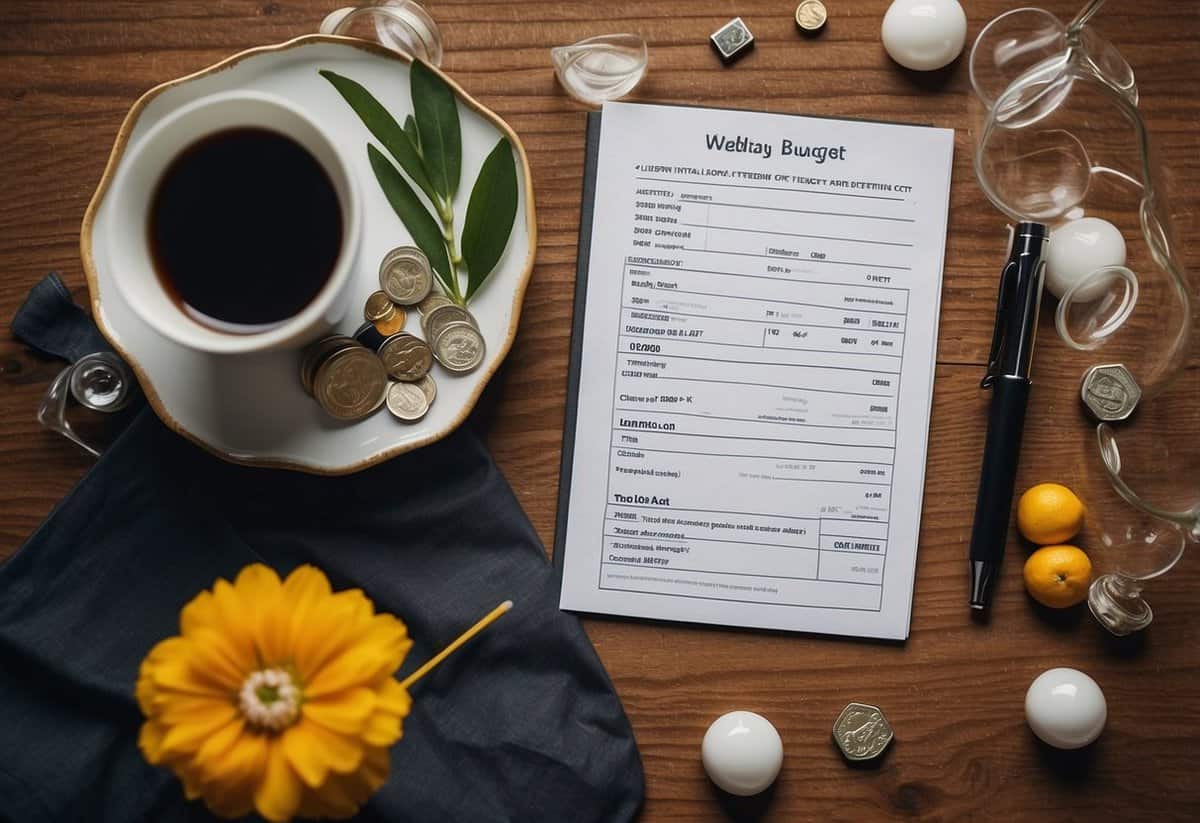 A table with a budget breakdown, a checklist of cost-saving strategies, and a visual representation of a $12,000 wedding budget