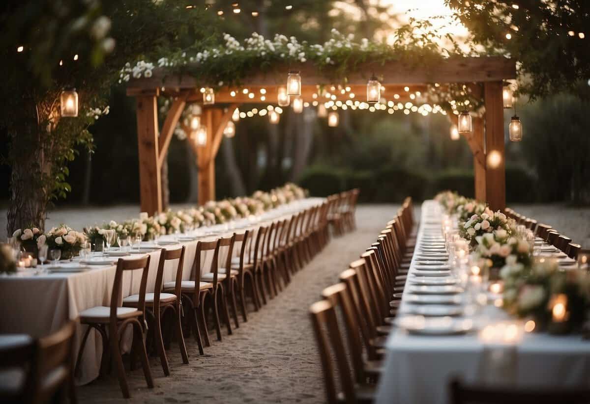 A rustic outdoor setting with a simple wooden arch adorned with flowers. Tables are draped in white linens with mason jar centerpieces. A string of twinkling lights hangs overhead, creating a warm and inviting atmosphere