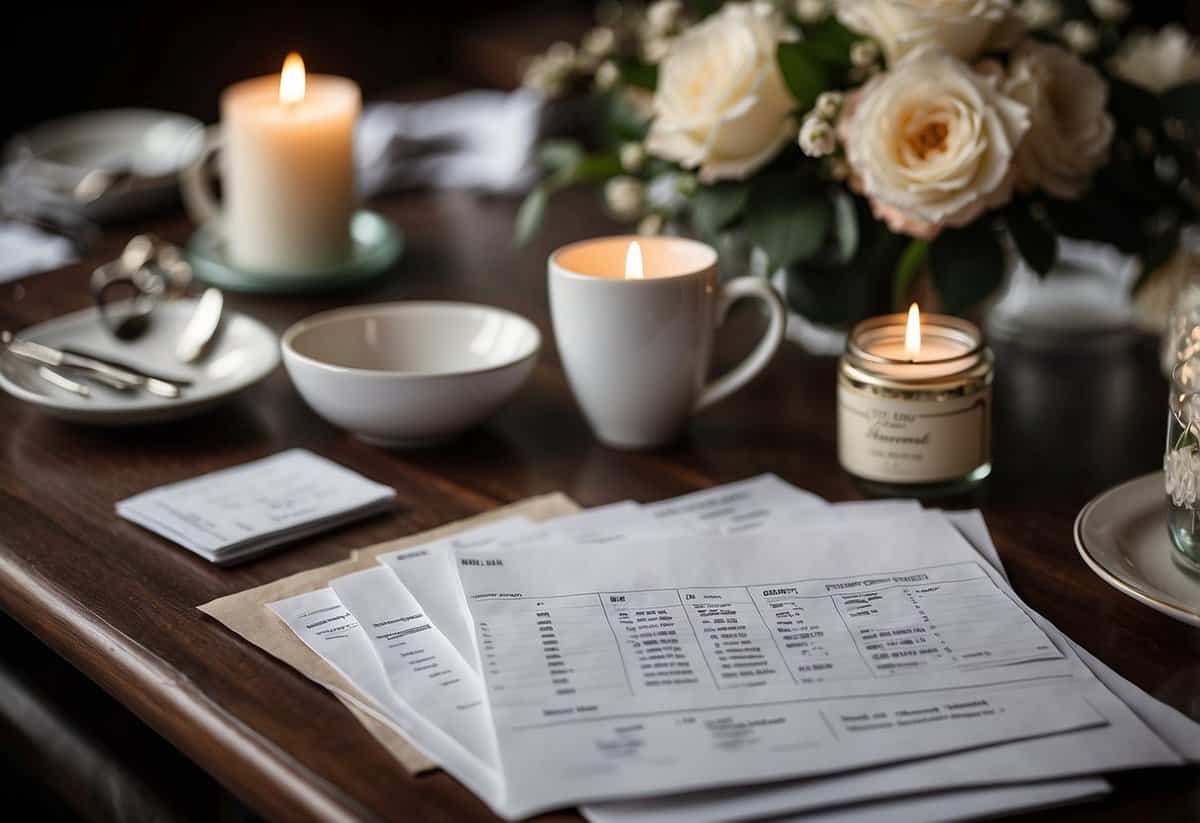 A table with elegant wedding invitations and stationery, surrounded by budget-saving tips. A calculator and budget spreadsheet are visible nearby