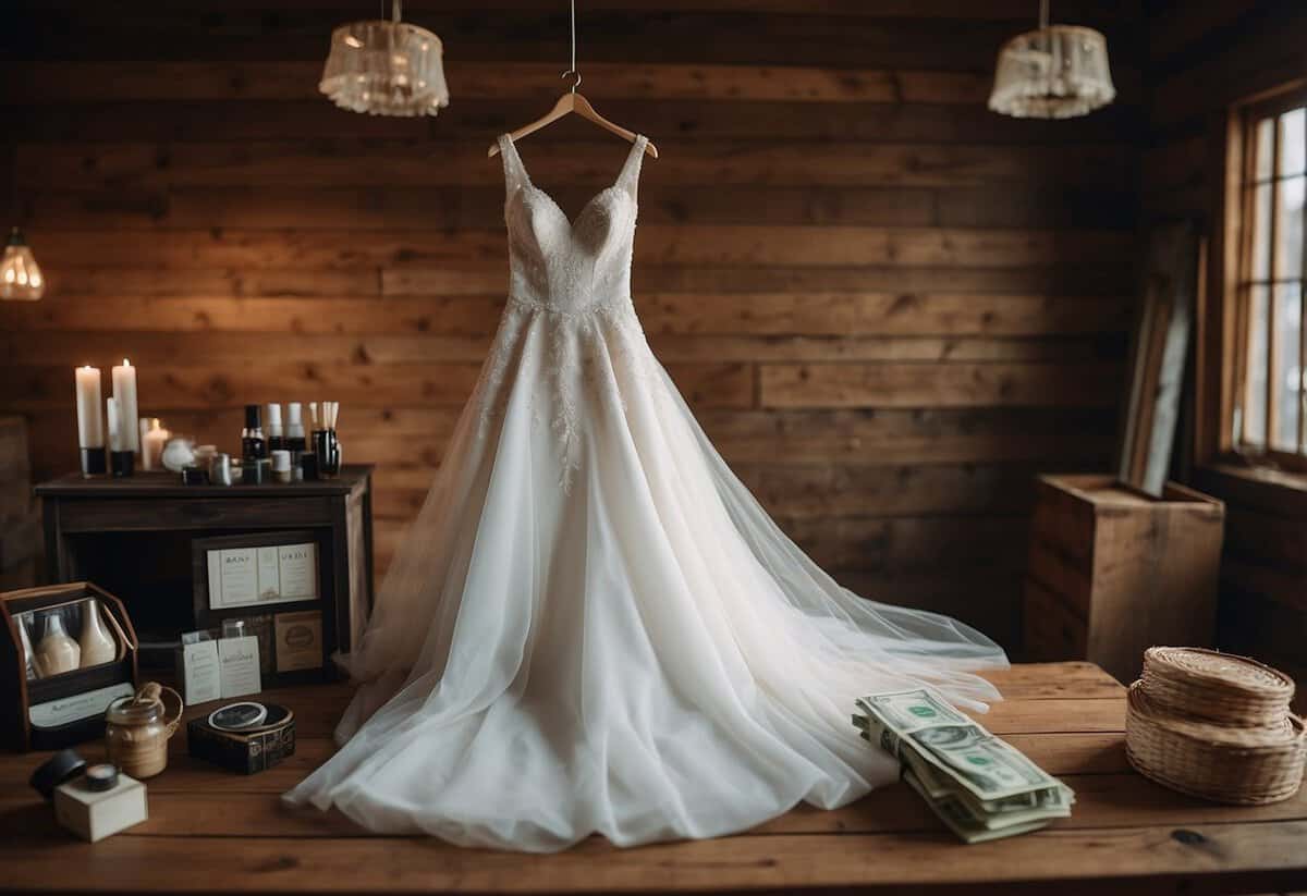 A bride's gown hangs on a rustic wooden hanger, surrounded by budget-friendly accessories and beauty products. A stack of money-saving tips sits nearby