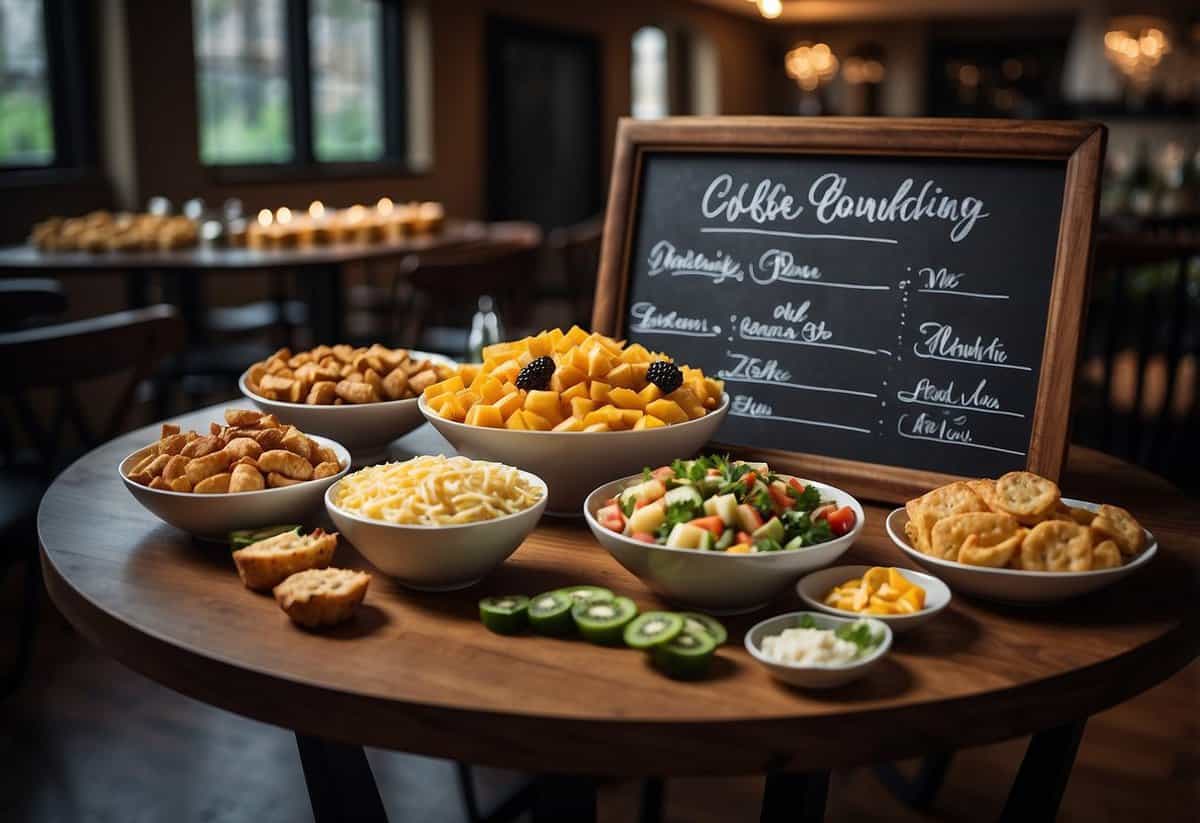 A table with wedding catering and beverage options, surrounded by money-saving tips written on a chalkboard