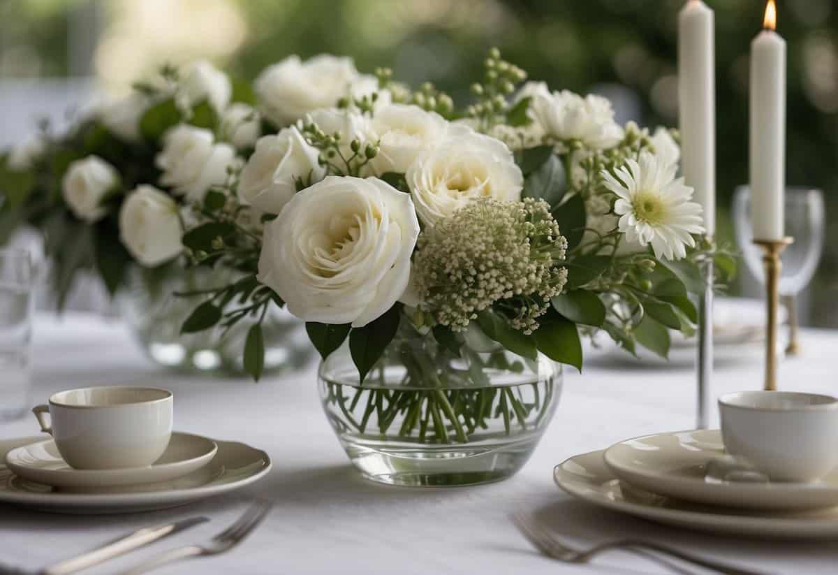 A table with simple, elegant centerpieces of white and green flowers. Neutral-colored linens and minimalist decor create a sophisticated atmosphere