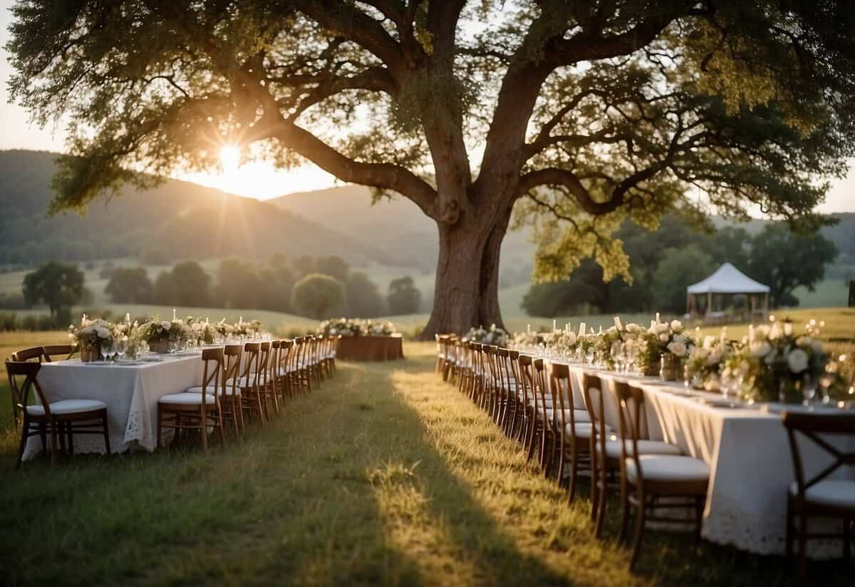 A rustic barn surrounded by rolling hills, with a pathway lined with wildflowers leading to a ceremony area under a large oak tree. Tables set with lace and mason jar centerpieces, and twinkling lights strung overhead for the reception