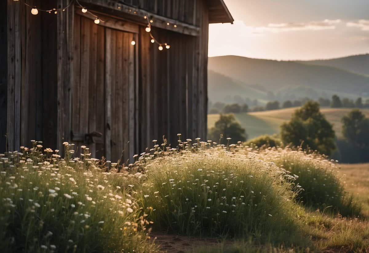 A rustic barn adorned with string lights and wildflowers, set against a backdrop of rolling hills and a serene blue sky