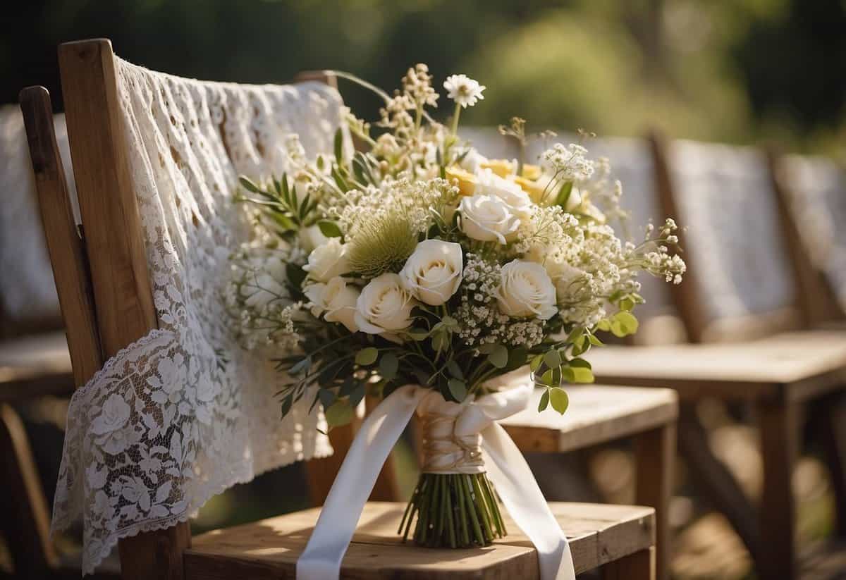 A rustic wedding scene with a bride's flowing lace gown, a groom's tailored suit, wildflower bouquets, and wooden signage