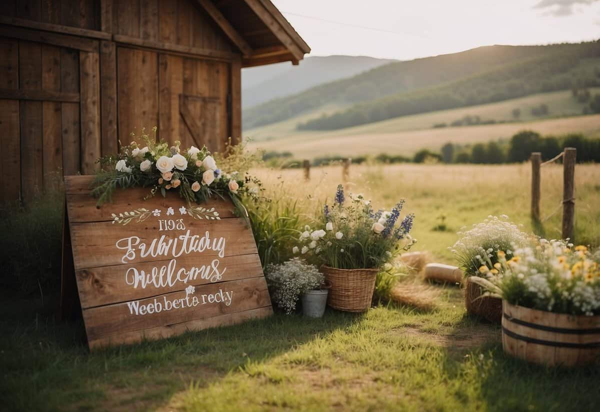 A rustic barn adorned with fairy lights, surrounded by rolling green hills and wildflowers. A wooden sign points towards the ceremony area, with hay bales for seating. A vintage truck is parked nearby, ready to transport guests to the reception