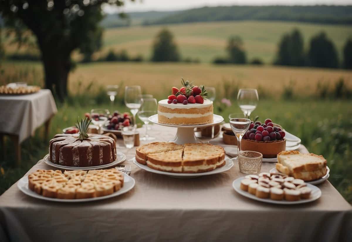 A rustic wedding scene with a table set with food, cake, and favors in the countryside