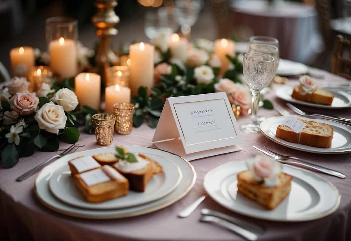 A table with wedding expense categories, with larger font for priority items like venue and food, and smaller font for less crucial items like decorations and favors
