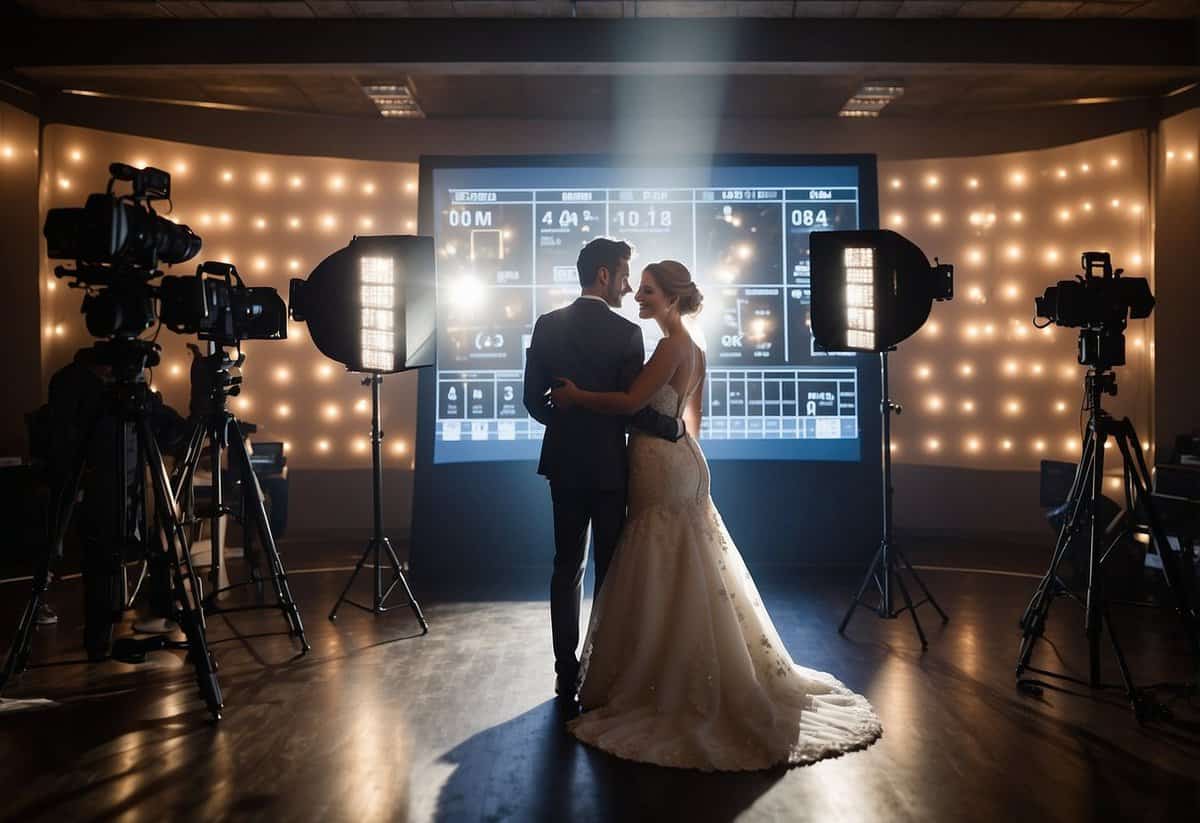 A bride and groom stand surrounded by cameras and lights, with a wedding budget chart in the background