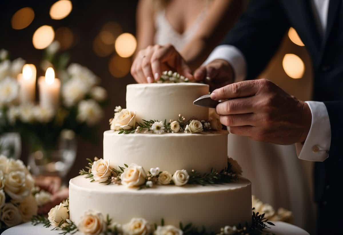 A couple's hands cutting into a tiered wedding cake, with elegant floral decorations and soft lighting