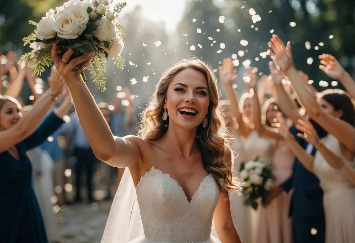 A bride tosses a bouquet into the air, surrounded by eager wedding guests