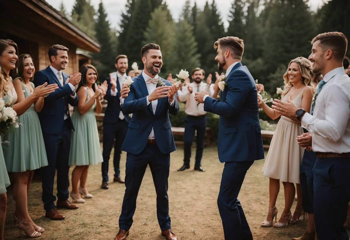 A groom's hand tosses a garter towards a group of eager male wedding guests, capturing the anticipation and excitement of the traditional garter toss